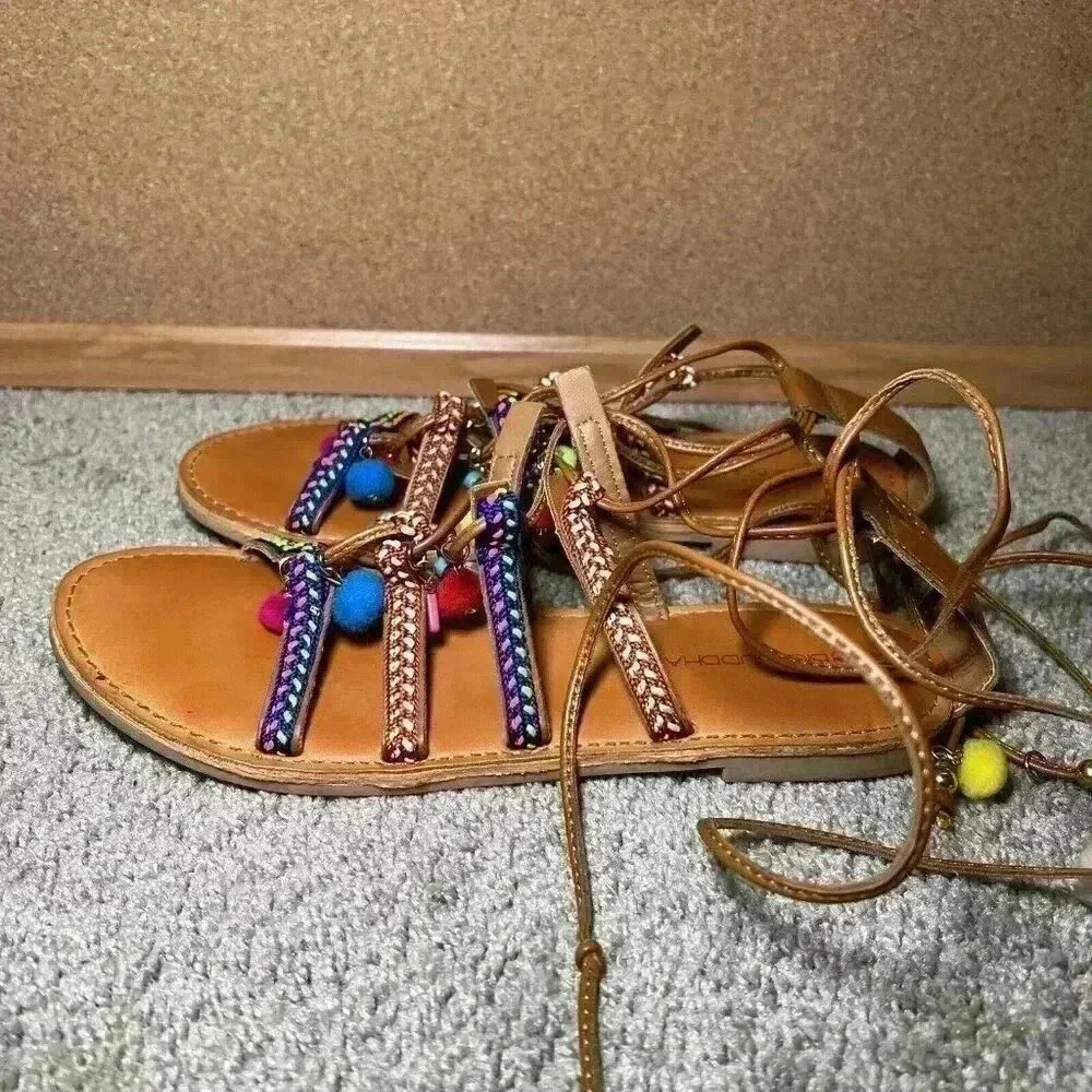Big Buddha Pom Pom Lace-Up Beaded Gladiator Sandal Women Size 7 Flat Summer Shoe